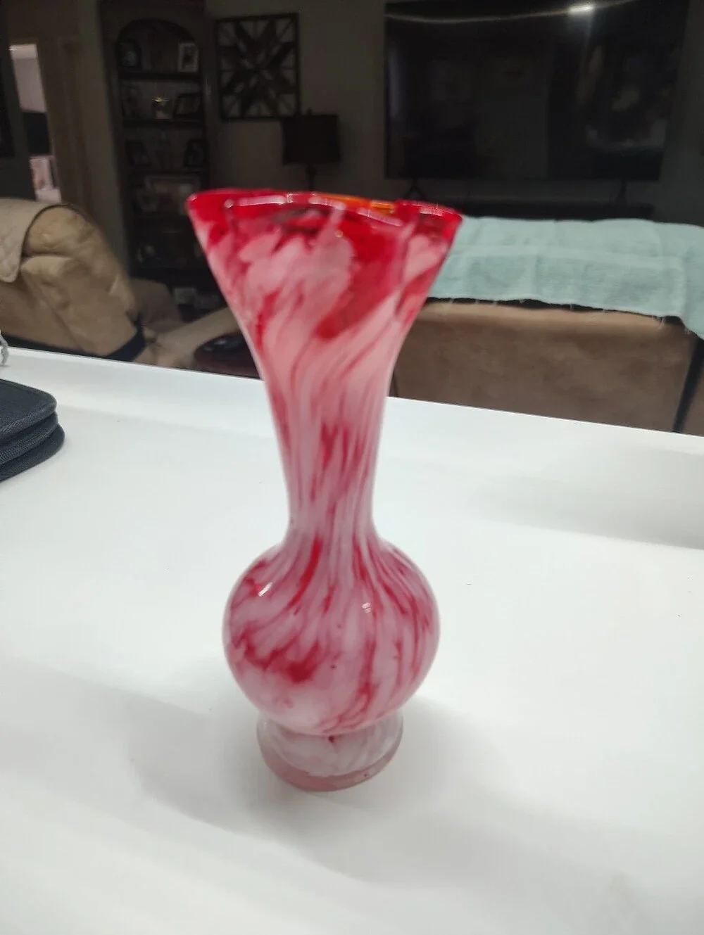 Red and White handblown Swirled Art Glass Vase